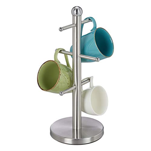 Relaxdays Tassenhalter, mit 6 Stangen, zum Hinstellen, Edelstahl, für Kaffeebecher, Küche, runder Tassenbaum, silber