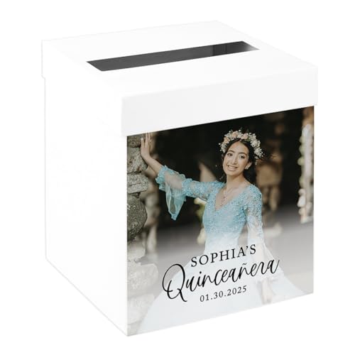Andaz Press Custom Quinceanera Card Box For Party, Mis Quince 15 Quinceanera Decorations For Cards, Cash Gifts, Personalized Photo with Black Font Memory Box, XV Birthday Decor, 10x10x10 Inch