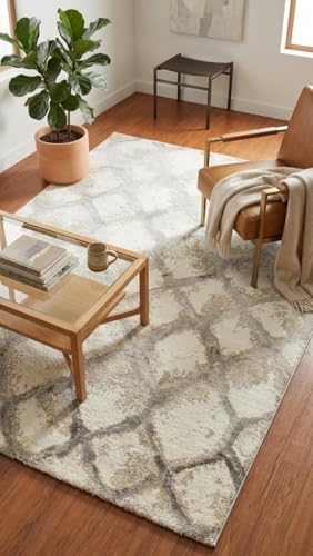 Image of 8x11 Feet (240x340 CM) Carpet for Living Room Hall & Drawing Room - Ivory Multi Diamond Modern Abstract Geometric Silk-Touch Luxury Hotel-Style Washable Anti-Skid Turkish Area Rug