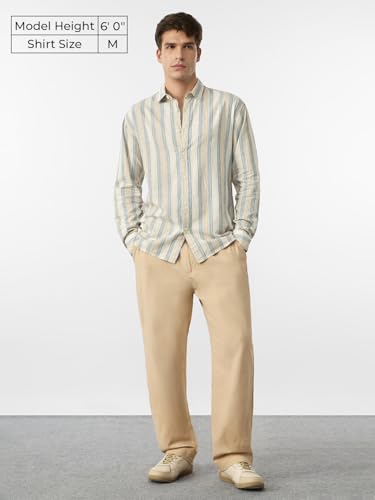 Image of The Souled Store Cotton Linen Stripes: Apricot Men and Boys Long Sleeves Collared Neck Orange Stripes Regular Fit Lightweight Comfortable Summer Cotton Linen Shirts
