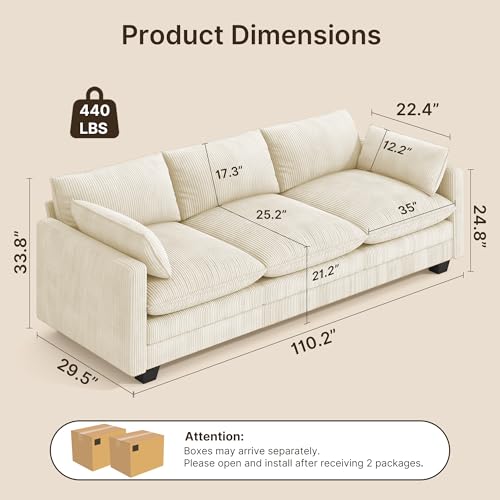 Image of Gizoon 3 Seater Couches for Living Room, Cloud Sleeper Sofa with Double Cushion Corduroy Deep Seat Sofa Couches with 2 Pillows for Living Room Bedroom and Apartment,Pet-Friendly Fabric, Beige