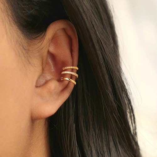 Gold Ear Cuffs Earrings for Women Non Piercing - Clip on Cartilage Earrings Dainty 14K Gold Sterling Silver Plated Cubic Zirconia Huggie Hoop Earring for Women No Tarnish Trendy Jewelry Set2