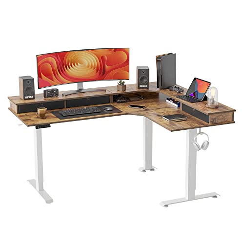 FEZIBO Bureau Assis Debout Angle Électrique - 160*120 cm 3 Moteurs Bureau Debout Réglable en Hauteur avec 3 Tiroirs, Angle Réversible, Système...