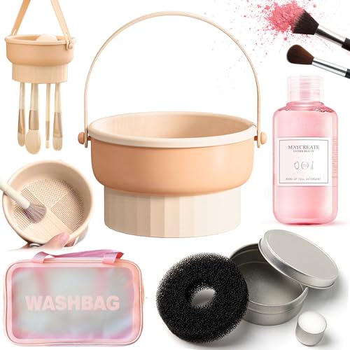 3 In 1 Makeup Brush Cleaning Set Multifunctional Washing Bowl Drying Basket with Handle Silicone Cleaner Mat Removal Cleaner Sponge 150ml/5.12fl.oz Professional Makeup Brush Cleaner