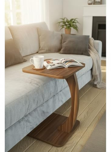 Image of C Shaped Wooden Sofa Side Table for Living Room | Multipurpose Laptop Table for Couch Bed & Recliner | Space Saving Portable End Table | Modern Furniture for Home & Office Use-NB