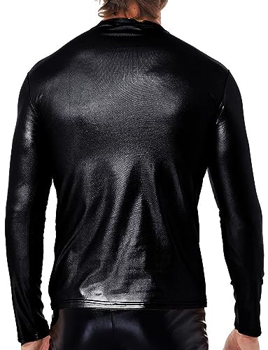 AIEOE Camisas masculinas de couro metálico brilhante, slim fit, stretch, top molhado para festas, Pr