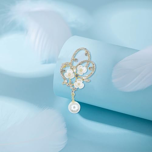 Image of Gold Crystal Shell Flower Brooch Pins for Women Elegant Pearl Rhinestone Floral Brooches Pin Fashion Jewelry for Party Dance Wedding Banquet Brooch for Women Girl Gift