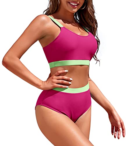 Image of Womens High Waisted Bikini Sets Sporty Crop Top Color Block Swimwear Bandeau Scoop Neck Vintage Two Piece Bathing Suits