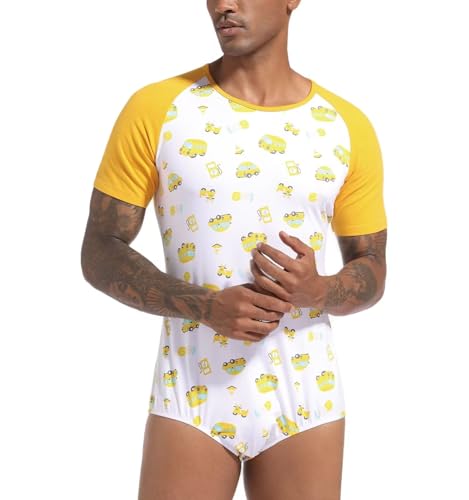 Men One-Piece Pajama Short Sleeve Shirt Leotard Bodysuit - Cartoon Car3