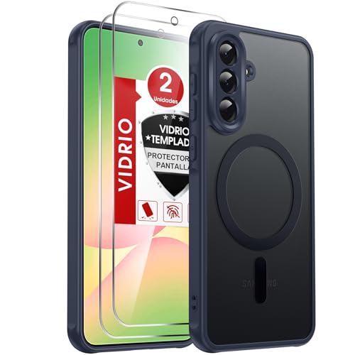 LeYi Funda para Samsung Galaxy A56/A 56 5G Compatible con MagSafe Magnética, con 2× Cristal Templado, Carcasa Translúcido Esmerilado Grado Militar Antigolpes Case, Azul