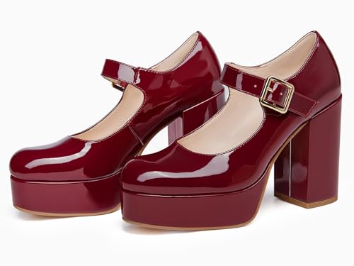 Image of Coutgo Womens' T-Strap Round Toe Chunky Platform Heels Patent Mary Jane Dress Shoes