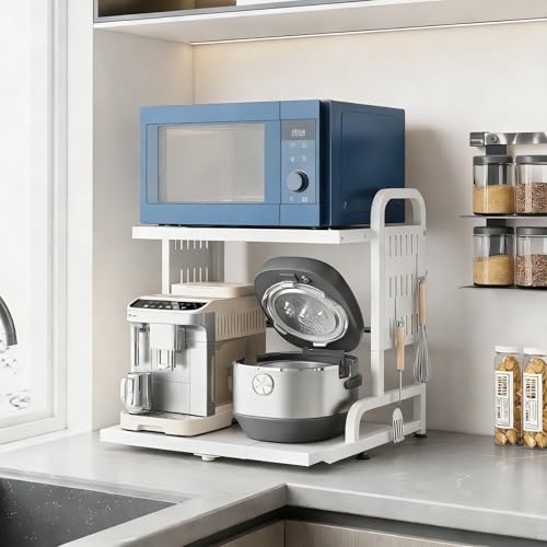 レンジ上ラック 伸縮式 幅38~62cm調節 トースターラック 電子レンジ 台収納 キッチン収納 高耐荷設計 フック6つ付き 組み立て簡単 底部の引き出し可能 （ホワイト）