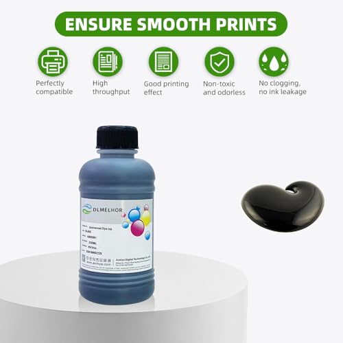 Universal Black Dye Refill Printer Bulk Ink kit Compatible for Canon HP EPN Lexmark Brother Ricoh Inkjet Printers Refillable Ink Cartridges or CISS Cartridge System,Black Large Bottle 250ml