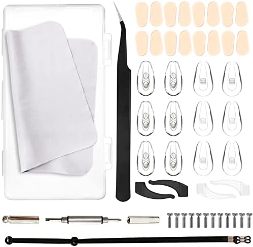 Damanse Eyeglass Repair Kit with Air Chamber Silicone Eyeglass Nose Pads,Screwdriver,Tweezer,Screws,Anti-Slip Ear Grips,Soft Foam Nose Pieces,Adjustable Glasses Strap,Sunglasses Cloth