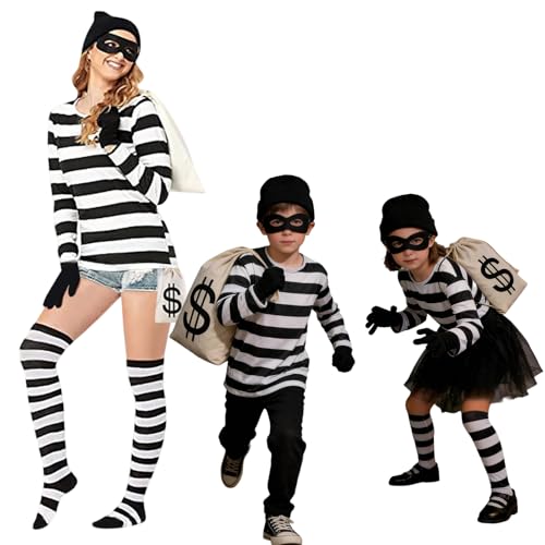 CEWIFO Disfraz de ladrón para niños, disfraz de depredador, disfraz de ladrón de bancos para mujer, disfraz de carnaval, disfraz de pareja para adultos, ropa de grupo, Negro , XS