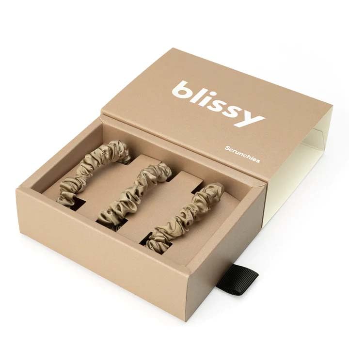 Blissy Silk Scrunchies (3 Pack) - 100% Pure Mulberry Silk - 22 Momme 6A High-Grade Fibers - Silk Scrunchie for Straight & Curly Hair (Taupe, Skinny)