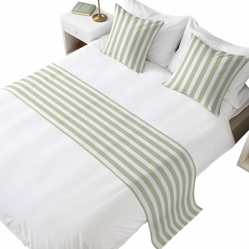DecorLovee Sage Green Striped Bed Runners for Queen Size Bed