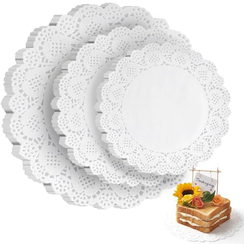 HAKSEN Paper Doilies, 36 Pack (12 Each 6.5”, 8.5”, 10.5”) – Round Lace Paper Placemats for Cakes, Dessert Trays & Table Decor | Doilies for Thanksgiving Day, Wedding, Tea Party, Crafts