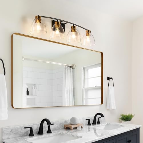 Image of KSANA Bathroom Light Fixtures, 4-Light Black and Plating Brass Vanity Lights for Bathroom, 32.3'' Large Modern Bathroom Lighting Lights Over Mirror with Clear Glass Shade