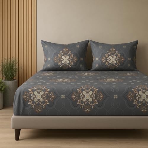 Image of 400 TC Cotton Feel Glace Cotton Fully Elastic Fitted Bedsheet Queen Size Double Bed with 2 Pillow Covers (60 inch x 78 inch inches, Perth)