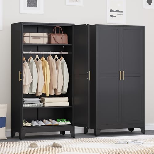 71\" H Metal Armoire Wardrobe Closet, Adjustable Shelve, Clothes Drying Pole, Steel Wardrobe Cabinet for Bedroom (Black)