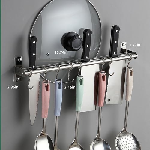 ASkinds Utensil Hanging Rack Stainless Steel Rail Hanger Rod Wall Mounted Pot Pan Lid Holder Cookware Storage Organizer with Sliding Hooks for Kitchen Bathroom