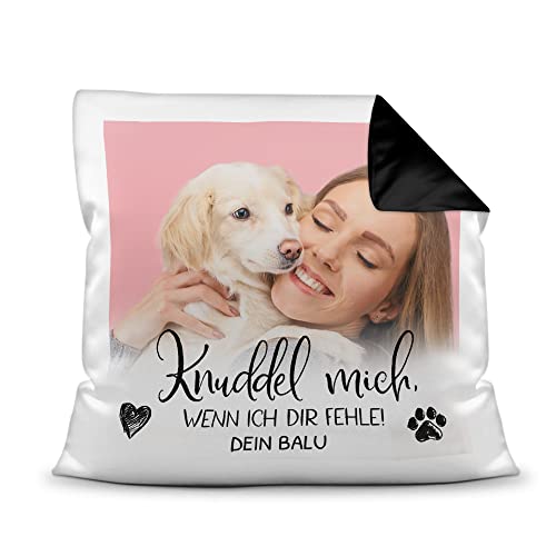 PfotenSchild Personalisiertes Foto-Kissen mit Füllung - Knuddel Mich, wenn ich dir fehle - mit Namen selbst gestalten - für Hunde, Katzen und andere Haustiere | Rückseite Schwarz