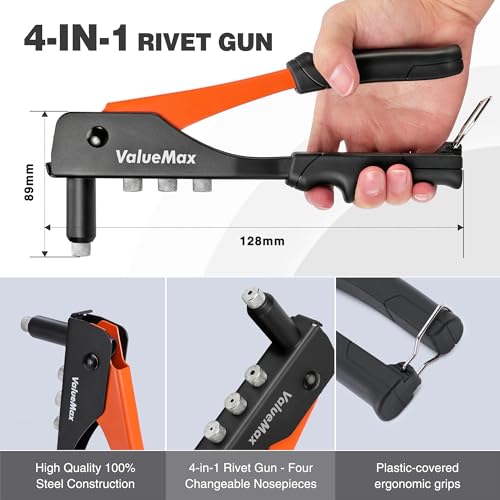 ValueMax 4-in-1 Rivet Gun Set with 200 Rivets, Pop Riveter with 4 Sizes Interchangeable Nosepieces 3/32"(2.4mm), 1/8"(3.2mm), 5/32"(4.0mm), 3/16"(4.8mm), Heavy Duty Pop Rivet Gun Kit 3 ValueMax 4-in-1 Rivet Gun Set with 200 Rivets, Pop Riveter with 4 Sizes Interchangeable Nosepieces 3/32"(2.4mm), 1/8"(3.2mm), 5/32"(4.0mm), 3/16"(4.8mm), Heavy Duty Pop Rivet Gun Kit - Image 3