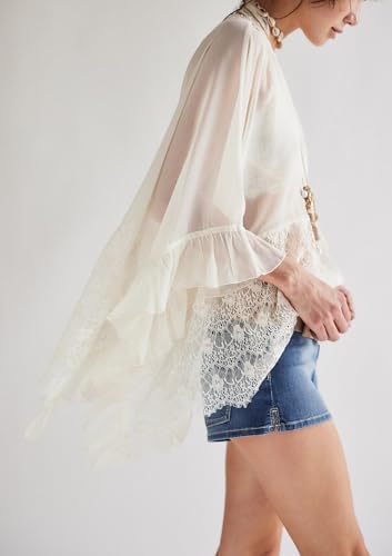 Women Sheer Poncho Tops Oversized Batwing Sleeve Blouse Contrast Lace See Through Mesh Cover Up Ruffle Flowy Boho Shirt4