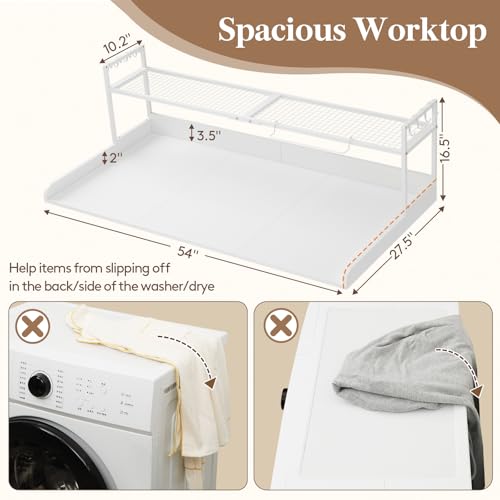 Image of Lifewit Washer Dryer Adjustable Countertop with Shelf, White, 54''x 27.5'' | Adjustable shelf, melamine top cover, edge rails and towel rack support up to 200 lb for laundry room storage