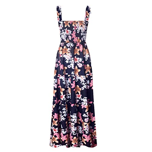 Image of kinstell Women's Summer Boho Spaghetti Strap Square Neck Ruffle Casual Flowy Long Dress Beach Swing Party Maxi Dress
