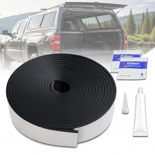 Camper Shell Seal 23FT Truck Topper Seal for Truck Cap 200 lbs or Less (2 W x 0.2 H) Heavy Duty EPDM Rubber Truck Cap Seal Kit with Adhesive Backing Includes 30ml Sealant & 2 Primers