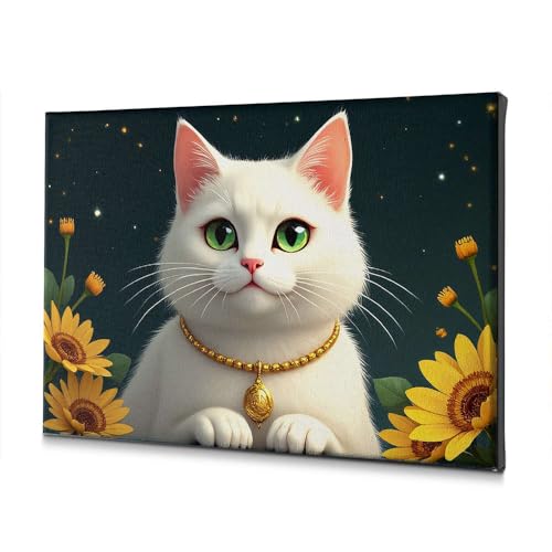 Toile chat blanc aux yeux verts et tournesols PKRD décoration de salle de bain 30x40 cm