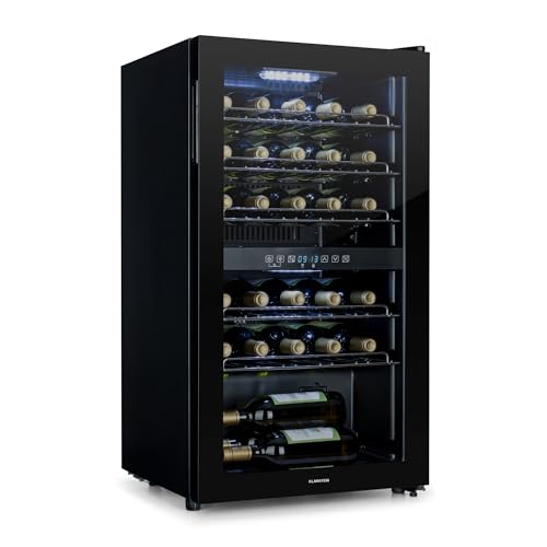 Klarstein Weinkühlschrank, 2 Zonen Getränkekühlschrank Klein, Freistehender Kleiner Weinschrank 80L, Wein-Kühlschrank mit Glastür, Indoor/Outdoor Flaschenkühlschrank, Wine Fridge 29 Flaschen