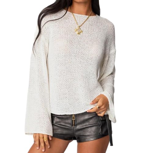 Women Y2K Knit Sweater Drop Shoulder Lightweight...