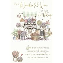 Wonderful Nan Birthday Card with Floral Garden Cart Design, Gold Foil Text