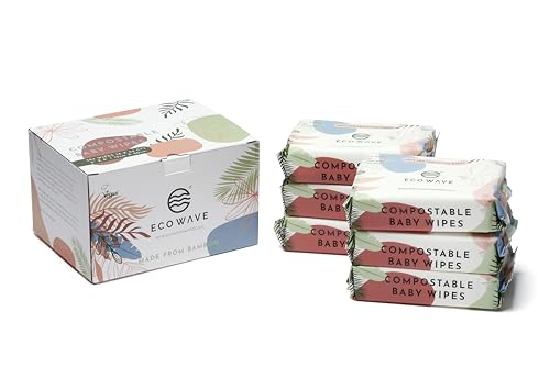 Image of Eco Wave Baby Wipes, 100% Compostable Eco-Friendly Bamboo Wipes, Unscented, Hypoallergenic, Vegan, Alcohol-Free, Suitable For Sensitive Skin (Pack of 12) (6 Pack)