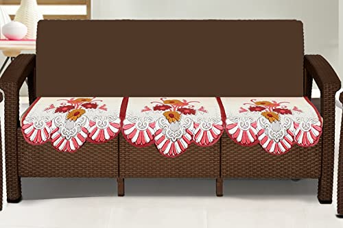 Image of The Furnishing Tree Cotton Floral Knitted Pattern 3 Pieces Bottom only 3 Seater Sofa Cover Set Maroon