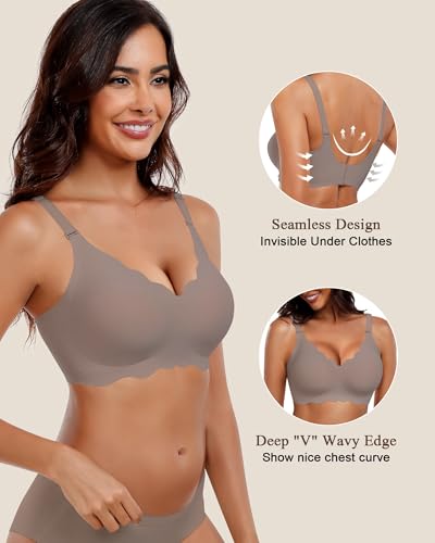 Image of HORISUN Wireless Seamless Bras for Women No Underwire Wavy V Neck Soft Support Full Coverage Comfortable Bra