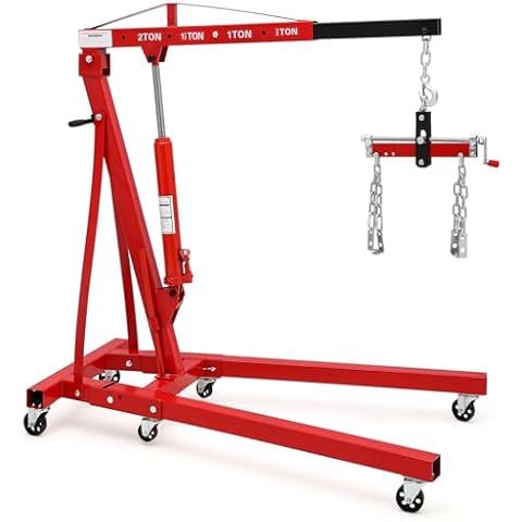 DEXSO 2 Ton Folding Hydraulic Engine Hoist with Lever, Folding Engine Shop Crane Hoist Lift, Heavy Cherry Picker with 6 Wheels for Garage, Workshop,Red Cover
