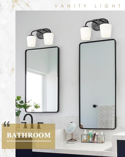 Image of 2-Light Black Bathroom Light Fixtures Over Mirror | Vanity Lighting Fixtures with Milk White Glass, Vintage Farmhouse Wall Sconces Lighting, AD-22004-2W-BK
