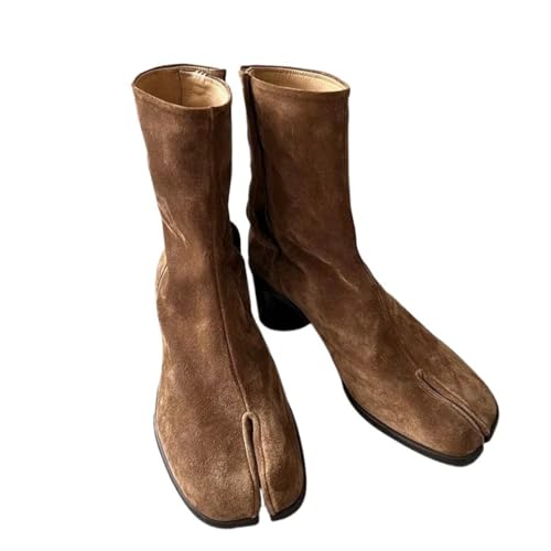 ZQW Cute Suede Ankle Boots for Women with Tabi Style Design Round Mid Heel Fashion Short Boots for Casual Daily Wear Office
