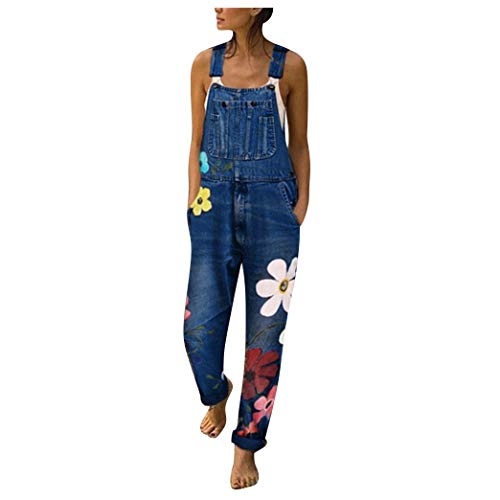 CCatyam Denim Bib Overalls Jumpsuits for Women, Fashion Floral Print Long Strap Rompers Bib Pants, DBL