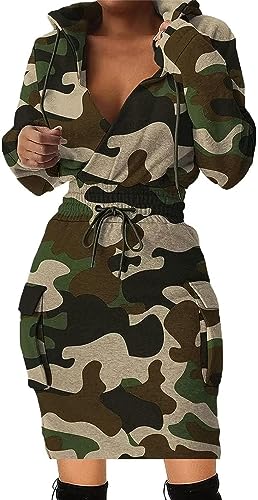 BIRW Damen Bodycon Sweatshirt Kleid Slim Casual Langarm Hohe Taille Kordelzug Pullover Hoodie Kleid mit Taschen, Camouflage-Druck., XX-Large