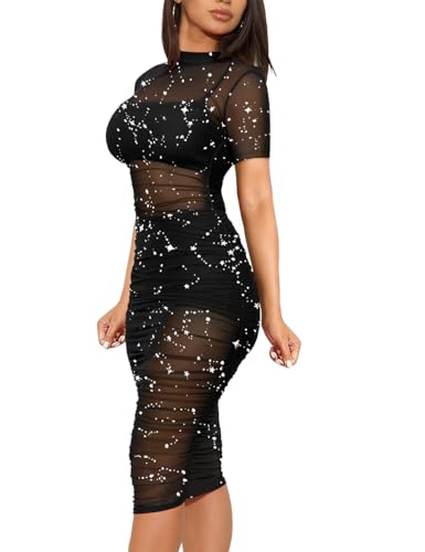 Image of Lrady Women's Mesh Dress Glitter Star Short Sleeve Bodycon 3 Piece Outfits with Cami Shorts, Black Silver, X-Large