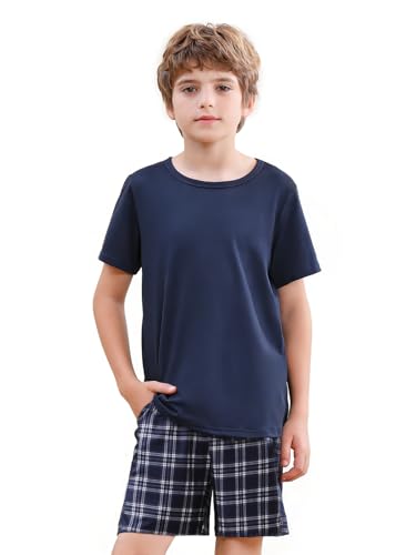 Image of Comfyouth Boys Pyjamas 2Pcs Short Pyjamas Sets Boys Kids Teens Pjs with Two Pockets Solid Round Neck T-shirt and Tarten Check Shorts Summer Outfits 6-16 Years for Home Leisure Sports Navy