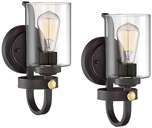 Image of Franklin Iron Works Eagleton Farmhouse Rustic Wall Light Sconces Set of 2 Oil Rubbed Bronze and Gold Hardwire 5 1 /2 inch LED Fixture Clear Glass Shades for Bedroom Bathroom Vanity Reading Living Room