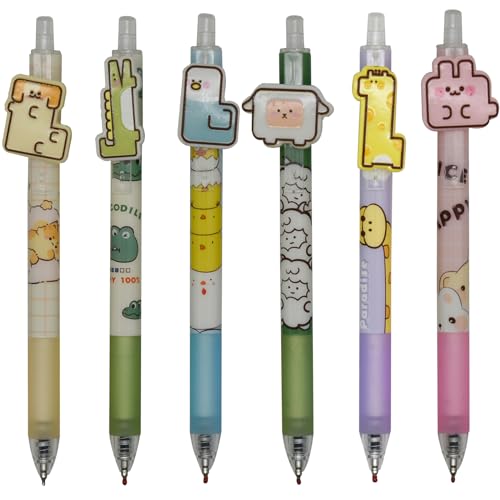 Maydahui 6 PCS Cute Animal Rollerball Gel Pens Retractable Priting Pen Chicken Giraffe Rabbit Sheep Dog Dinosaur Style Black Ink for School Party Office