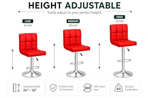 Image of Kemon KaiMeng Modern Adjustable Swivel Bar Stool Chair with Backrest, PU Leather Hydraulic Counter Stool with Footrest for Kitchen Island, Cafe & Home Bar, Red, Square Tufted Back Stool