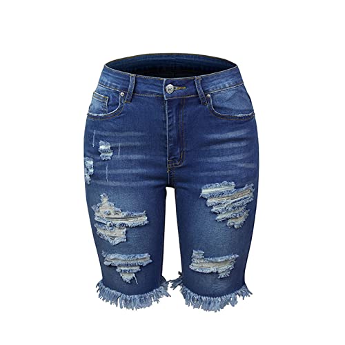JEKE-DG Women Denim Hem Shorts Jeans High Waist Ripped Hole Distressed Short Jeans Knee Length Stretch Denim Jean Short (XX-Large,Blue01)